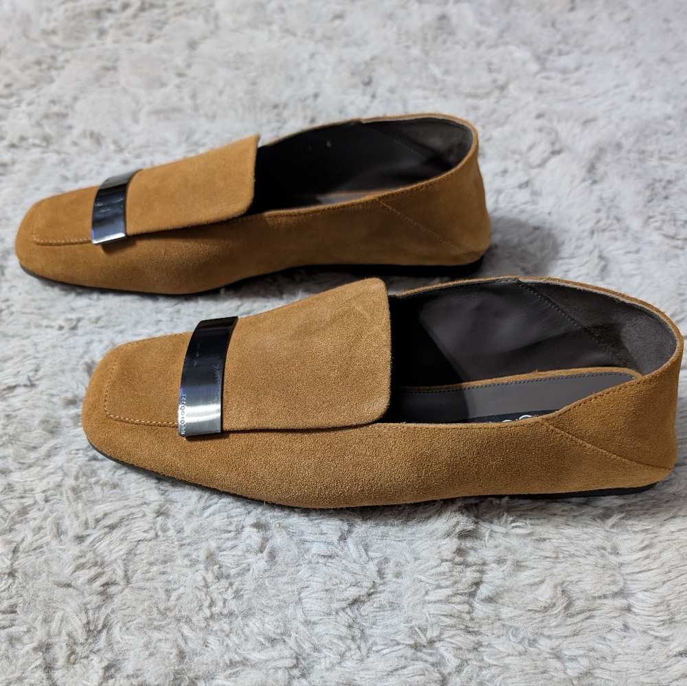 Sergio Rossi Tan Suede Backless Loafers with Silver Accent